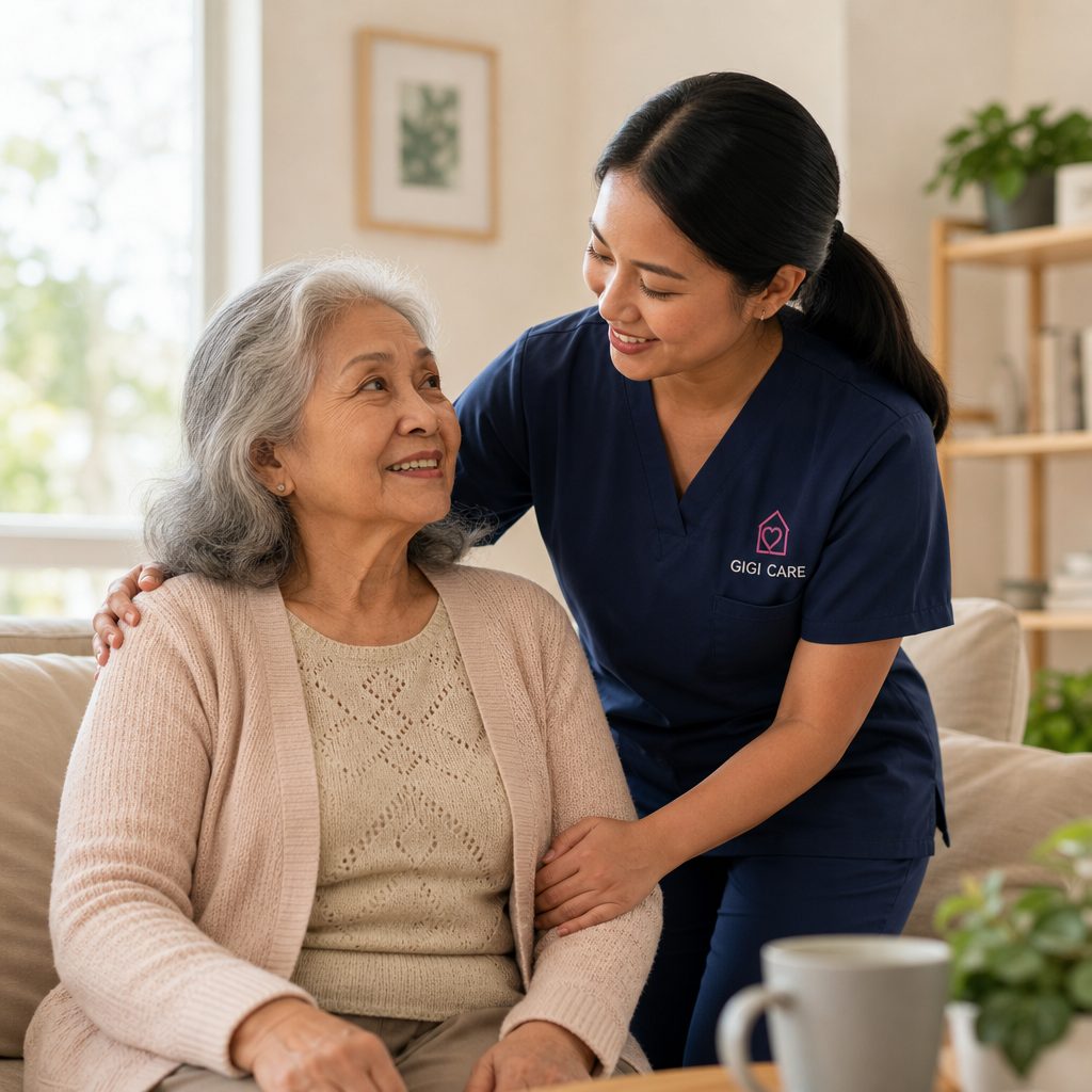 GIGI CARE caregiver sharing a warm moment with a senior client at home