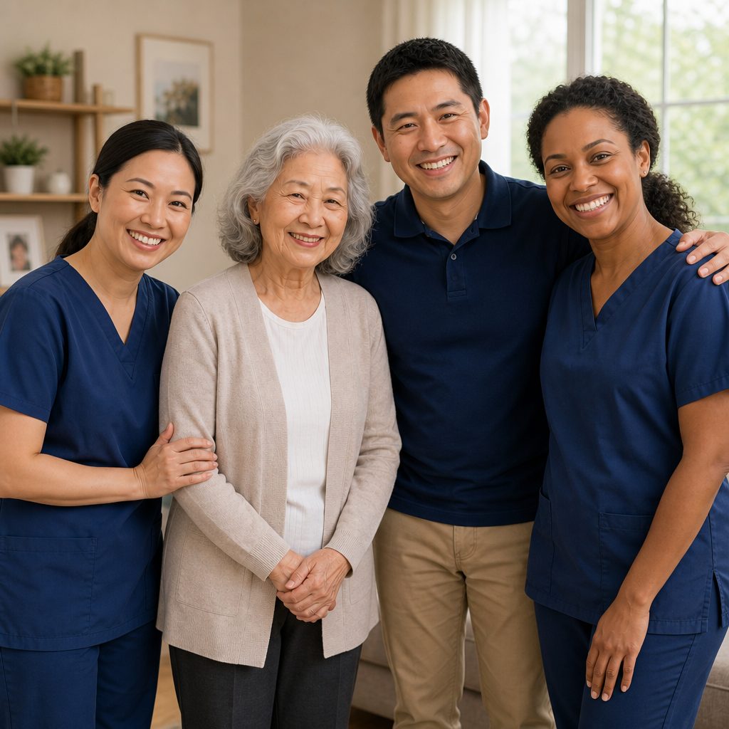 GIGI CARE caregiver team with a client, smiling together