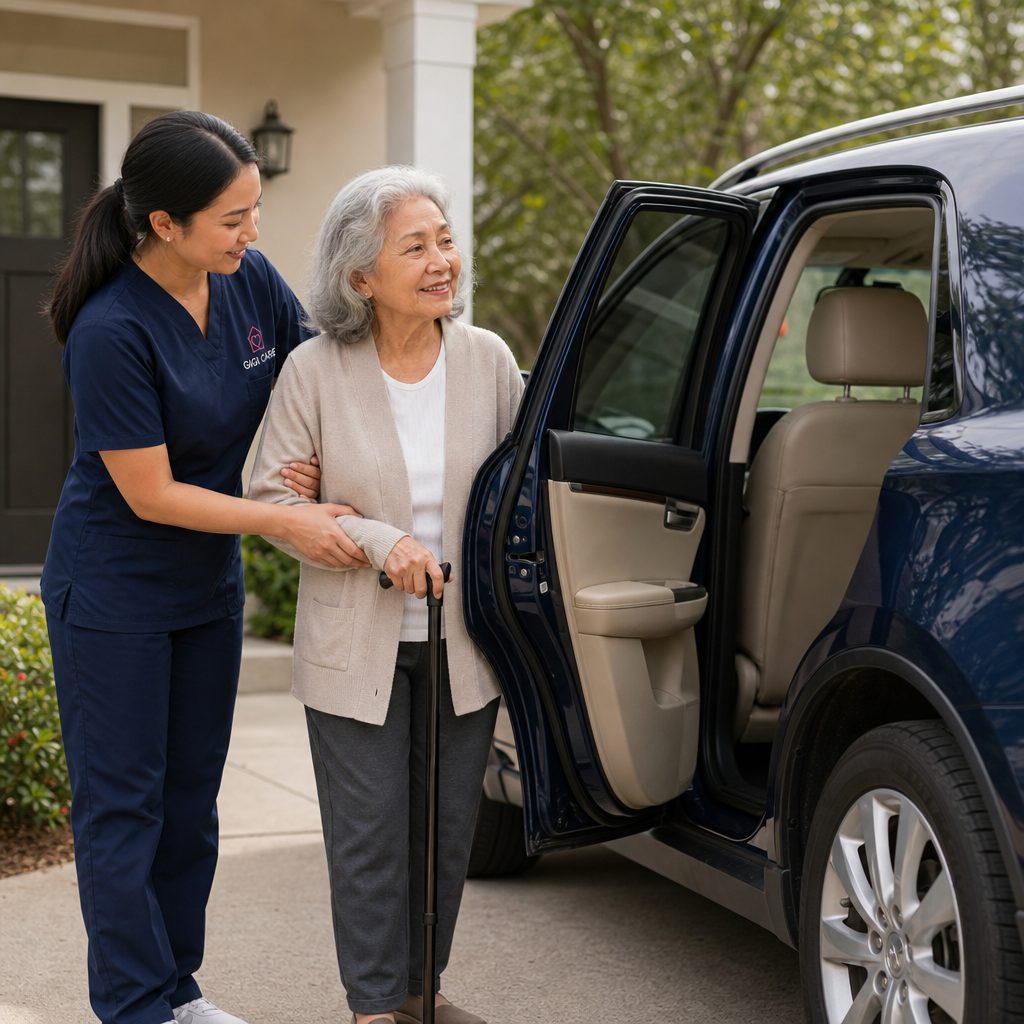 GIGI CARE caregiver helping a senior client to her car